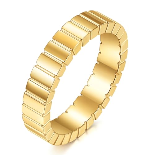 Mesnt Ring Gold Damen, Edelstahl Rechteckiger Ring mit Gittermuster 4MM für Frauen, Größe 60 (19.1) von Mesnt