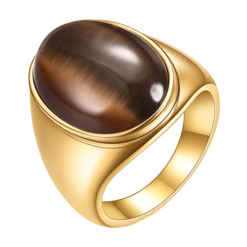 Mesnt Ring Herren Edelstahl, 23MM großer ovaler Stein Punk Stil Zeigefinger Ring aus Chirurgenstahl für Herren Damen Gold Braun, Größe 57 (18.1) von Mesnt