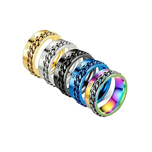 Mesnt Ring Herren Edelstahl, 8 Mm Angstring Mit Drehbarer Biker-Kette Und Römischen Zahlen 5 Farben-Set Größe 54 (17.2) von Mesnt