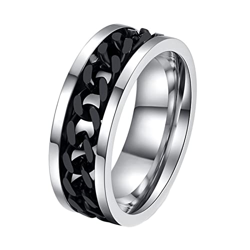 Mesnt Ring Herren Edelstahl, Glattbandeinlage mit drehbarer Bordsteinkette 8MM Herren Ringe Silber Schwarz, Größe 74 (23.6) von Mesnt