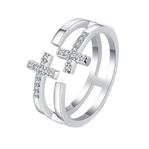 Mesnt Ring Weißgold 375, 9 Karat Weißgold Ringe für Damen Doppelschichtiges Kreuz mit Moissanit, Größe 58 (18.5) von Mesnt