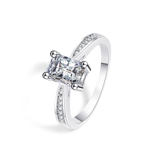 Mesnt Ring Weißgold 375, 9 Karat Weißgold Ringe für Damen Vier Klauen mit rechteckigem Moissanit, Größe 61 (19.4) von Mesnt