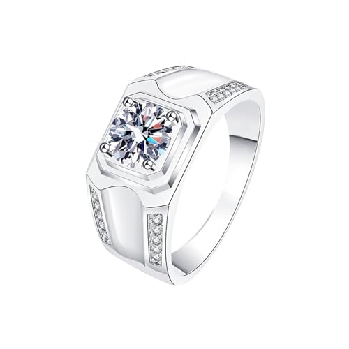 Mesnt Ring Weißgold Herren, 9 Karat Weißgold Ringe für Herren Breites Band mit rundem Moissanit, Größe 68 (21.6) von Mesnt