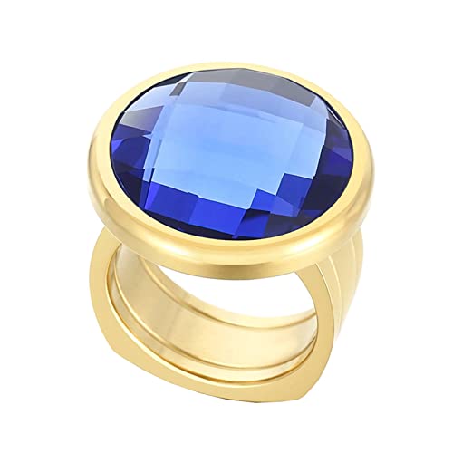 Mesnt Ringe Frauen Edelstahl, Edelstahl 9MM Ring mit großem runden facettierten Stein für Frauen Gold Blau, Größe 60 (19.1) von Mesnt