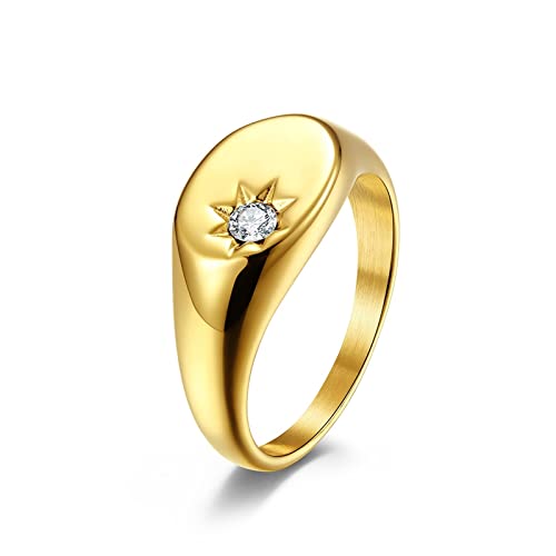 Mesnt Schmuck Ringe Damen, Rocker Ringe Herren, Ovale Sonnenmuster-Einlage Mit Siegelring Aus Zirkonia Ring aus Edelstahl Gold Größe 52 (16.6) von Mesnt