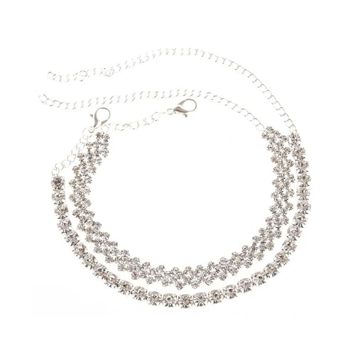 Mesnt Silber Fußkettchen für Damen, Luxus Double Layer Tenniskette Fußkettchen Damen Fußschmuck, Länge: 21.2+9CM von Mesnt