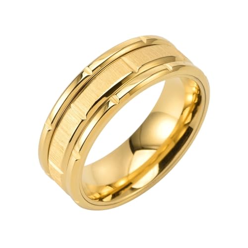 Mesnt Verlobungsring Edelstahl, 8MM gebürsteter Ring mit geometrischen Rillen aus Edelstahl für Herren Damen Gold, Größe 52 (16.6) von Mesnt