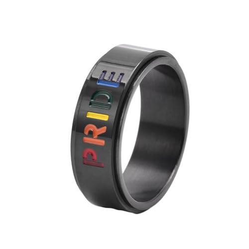 Mesnt Verlobungsring Herren, Polierter Ring mit drehbarem PRIDE-Muster LGBT 8MM aus Edelstahl für Unisex Schwarz, Größe 57 (18.1) von Mesnt