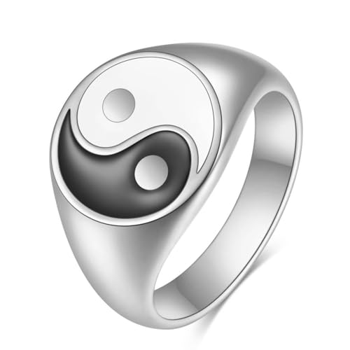 Mesnt Verlobungsringe, Edelstahl Runder Yin Yang Siegelring Mode 13MM für Herren Damen Silber, Größe 60 (19.1) von Mesnt