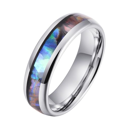 Mesnt Wolfram Ringe, Herren Damen Ring aus Wolfram 6MM Versprechen Bands Ring mit farbigen Shell, Silber, Größe 49 (15.6) von Mesnt