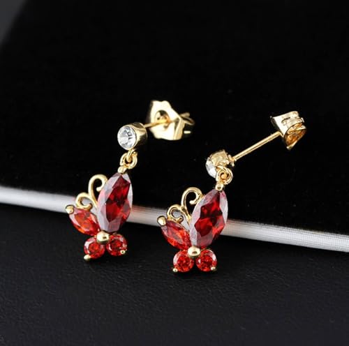 Ohrhänger Gold 585, Damen Ohrhänger aus 14 Karat Gelbgold Schmetterling mit Rubin und künstlich hergestelltem Diamanten von Mesnt