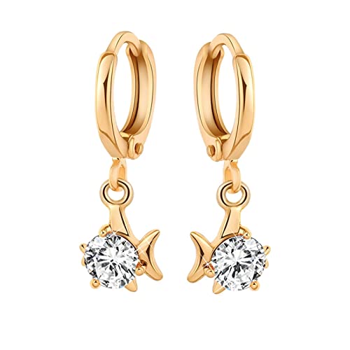 Ohrhänger Gold 585, Frauen Ohrhänger aus 14 Karat Gelbgold Reifen- und Fischform mit Moissanit von Mesnt