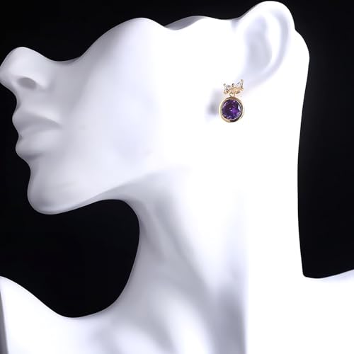 Ohrhänger Gold 585, Frauen Ohrhänger aus 14 Karat Gelbgold Schleife mit rundem Amethyst- und Moissanit-Anhänger von Mesnt