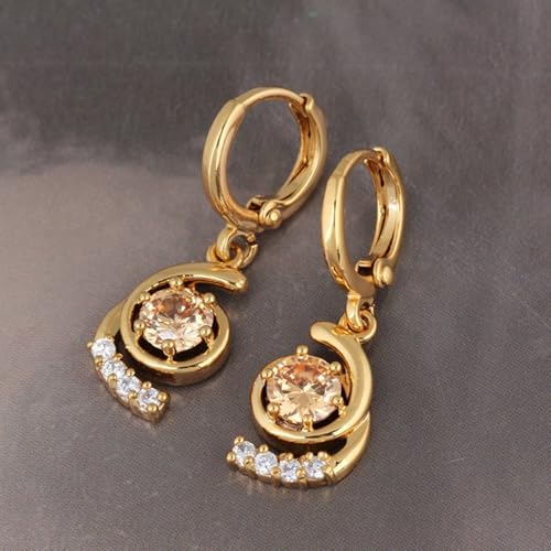 Ohrhänger Gold 585, Frauen Ohrhänger aus 14 Karat Gelbgold mit champagnerfarbenem, rundem Citrin und Moissanit von Mesnt