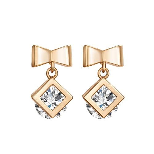 Ohrringe Gold, Damen Ohrhänger aus 9 Karat Gelbgold Schleife mit quadratischem, rundem Moissanit von Mesnt