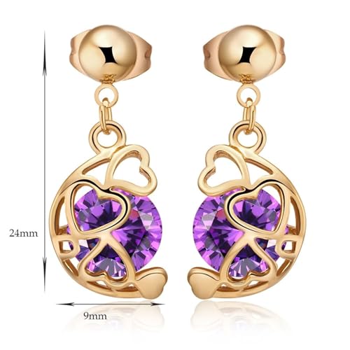 Ohrringe Gold, Frauen Ohrhänger aus 14 Karat Gelbgold Hohles Herz und rund mit Amethyst von Mesnt