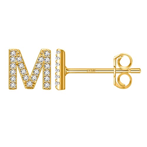 Ohrringe Mädchen Gold, Ohrringe Silber 925 Buchstabe M mit Zirkonia von Mesnt