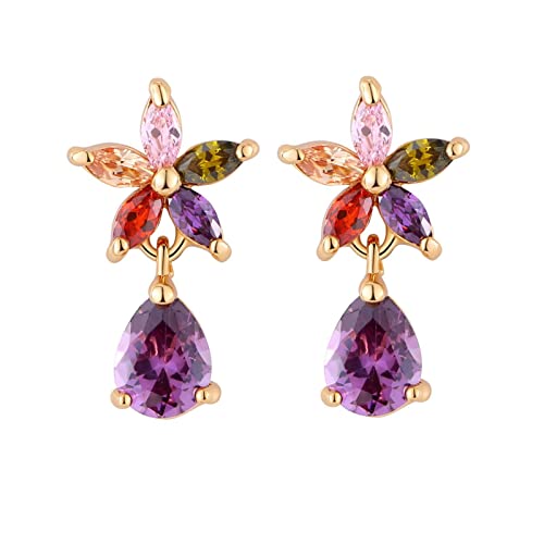 Ohrringe Rosegold, Damen Ohrhänger aus 9 Karat Rotgold mit birnenförmigem Amethyst und bunten Blumensteinen (Amethyst, rosa Kristall, Granat, Citrin) von Mesnt