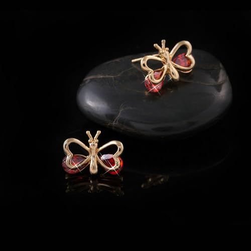 Ohrstecker Gold, Damen Ohrstecker aus 9 Karat Gelbgold Schmetterling mit birnenförmigem rotem Labor-Rubin von Mesnt