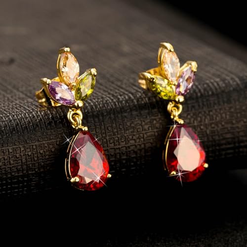 Ohrstecker Gold, Damen Ohrstecker aus 9 Karat Gelbgold mit birnenförmigem, im Labor hergestelltem roten Rubin und marquiseförmigem Amethyst-Granat-Citrin von Mesnt