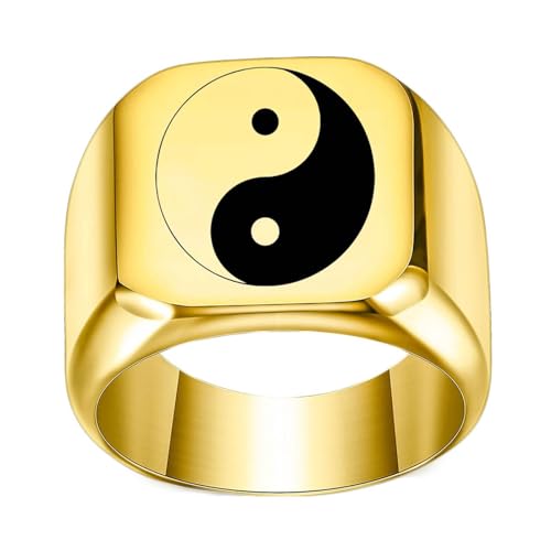 Ring Damen Edelstahl, 18MM breiter Siegelring mit Tai Chi Yin Yang-Muster aus Chirurgenstahl für Männer Frauen Gold, Größe 52 (16.6) von Mesnt