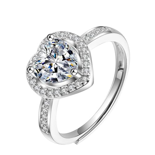 Ring Dünn mit Stein, 9 Karat Weißgold Ring für Damen Herz mit Moissanit, Größe 52 (16.6) von Mesnt