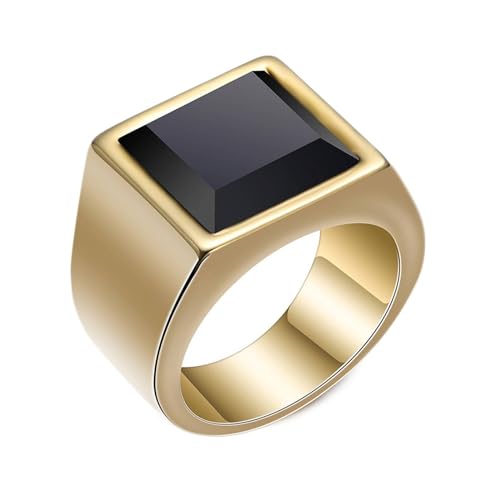 Ring Edelstahl Herren, 15MM breiter Ring mit quadratischem schwarzem Glas aus 316L Edelstahl für Männer Gold, Größe 62 (19.7) von Mesnt