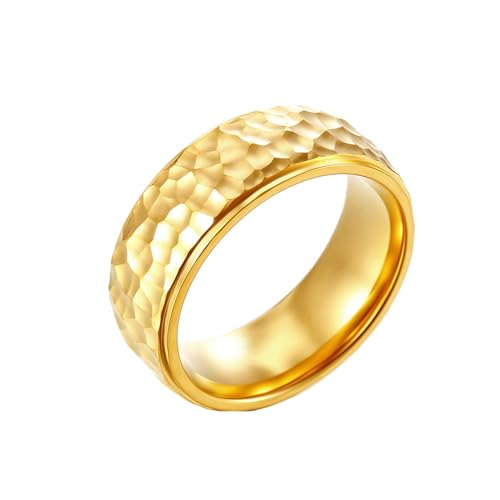 Ring Edelstahl Herren, Männer Ringe 8MM Comfort Fit Ring mit Hammerschlag-Muster Hochglanzpoliert, Gold, Größe 60 (19.1) von Mesnt