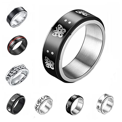 Ring Männer Silber, 8Pcs Yin Yang Biker Kette Mond Schmetterling Rotating Fidget Ring 8MM Schwarzes Silber Größe 60 (19.1) von Mesnt