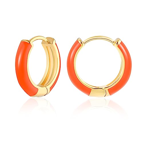 MESOVOR Kleine Goldene Creolen Ohrringe für Damen, 18 Karat Vergoldete Leichte Huggie-Ohrringe | Hypoallergene Ohrringe aus Emaille Geschenke für Mädchen (Heißes Orange) von Mesovor
