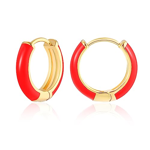 MESOVOR Kleine Goldene Creolen Ohrringe für Damen, 18 Karat Vergoldete Leichte Huggie-Ohrringe | Hypoallergene Ohrringe aus Emaille Geschenke für Mädchen (Heißes Rot) von Mesovor