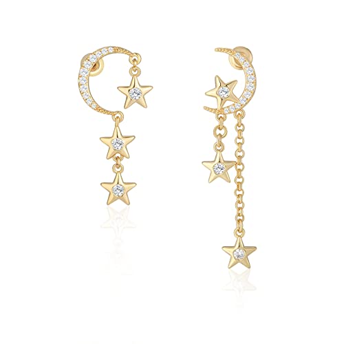 MESOVOR Mond Stern Ohrringe, 16 Karat Vergoldete Troddelquaste | Funkelnde Asymmetrische Zirkonia Ohrringe für Frauen und Mädchen (Gold) von Mesovor