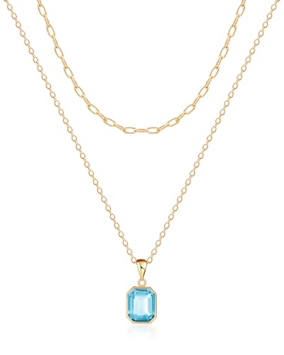 Mesovor Gold Kristall Halsketten für Damen im Trend, 18K Vergoldete Büroklammer Kette | Geburtsstein-Halskette, Schmuckgeschenke (Blau) von Mesovor