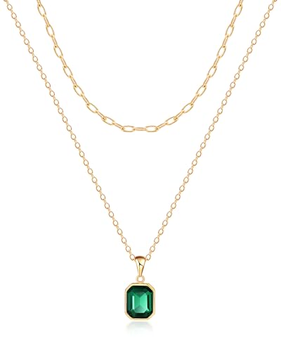 Mesovor Gold Kristall Halsketten für Damen im Trend, 18K Vergoldete Büroklammer Kette | Geburtsstein-Halskette, Schmuckgeschenke (Grün) von Mesovor