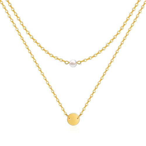 Mesovor Gold Schichtige Halsketten für Damen, 18 Karat Vergoldete Halskette mit Scheiben Anhänger | Münze Diamant Ketten Schmuck Geschenke (Perle) von Mesovor