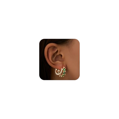 Mesovor Goldene Doppel Creolen Ohrringe für Damen, 14K Vergoldete Farbige Zirkonia Creolen Ohrringe, Gold Earrings, Schmuck Geschenke (Grün) von Mesovor