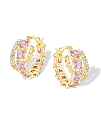 Mesovor Goldene Doppel Creolen Ohrringe für Damen, 14K Vergoldete Farbige Zirkonia Creolen Ohrringe, Gold Earrings, Schmuck Geschenke (Rosa) von Mesovor