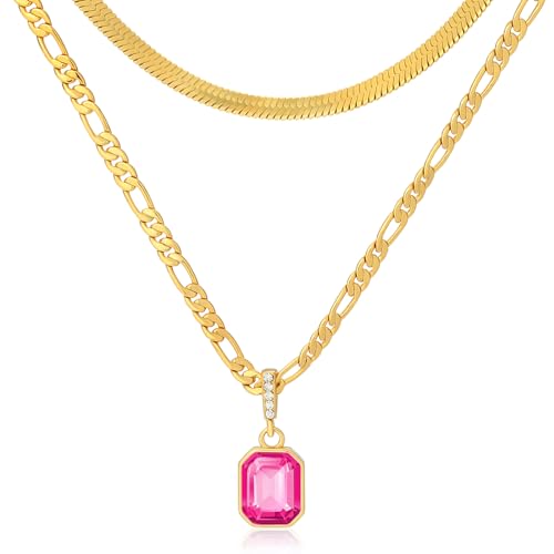 Mesovor Goldene Geschichtet Ketten Halsketten mit Anhänger Kristall, 18 Karat Vergoldete Figaro und Schlangenkette Halsband Halskette für Frauen Mädchen Schmuck Geschenke (Heißes Neonpink) von Mesovor