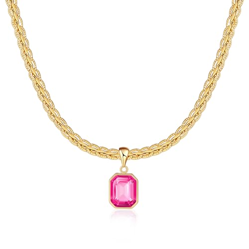 Mesovor Klobige Gold Kristall Kette für Damen Trendig, 18 Karat Vergoldete Statement-Kielkette | Geburtsstein-Halskette, Schmuck Geschenke (Quadrat-Neon Pink) von Mesovor