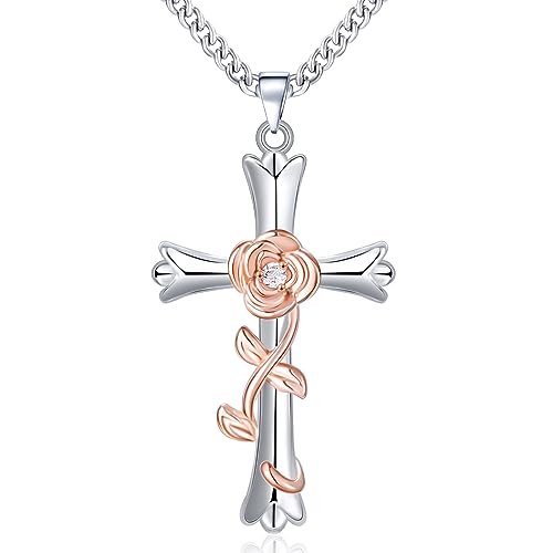 Mesovor Kreuz Kette Halskette für Frauen, Religiöser Glaube Kreuz Gott gesegnet Anhänger Halskette für Mädchen Mutter Frau Geschenke (Rosen-Romantik) von Mesovor