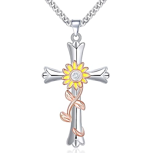 Mesovor Kreuz Kette Halskette für Frauen, Religiöser Glaube Kreuz Gott gesegnet Anhänger Halskette für Mädchen Mutter Frau Geschenke (Sonnenblumen-Mutig) von Mesovor
