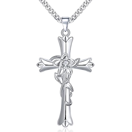 Mesovor Silberne Kreuzkette für Frauen, Verstellbare Glauben Kreuz Gott Gesegnet Anhänger Halskette | Blumen-Herz-Liebes-Ketten -Schmuck-Geschenke (Narzissen-Hoffnung) von Mesovor