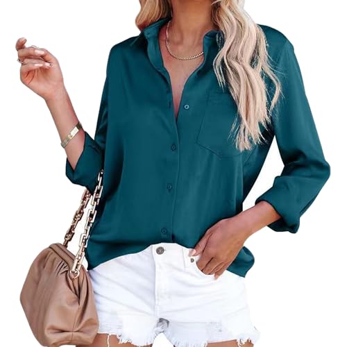 MessBebe Bluse Damen Elegant V-Ausschnitt Damenblusen Langarmshirt Business Oberteile Hemdbluse Lose Knöpfen Tops von MessBebe