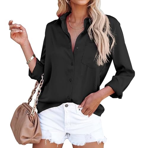 MessBebe Bluse Damen Elegant V-Ausschnitt Damenblusen Langarmshirt Business Oberteile Hemdbluse Lose Knöpfen Tops von MessBebe