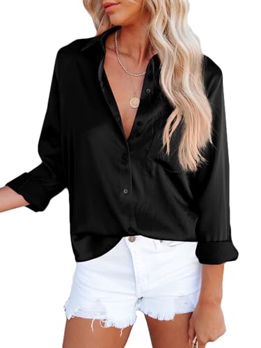 MessBebe Bluse Damen Elegant V-Ausschnitt Damenblusen Langarmshirt Business Oberteile Hemdbluse Lose Knöpfen Tops von MessBebe