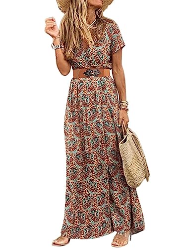 MessBebe Damen Boho Blumendruck Maxi Kleid V-Ausschnitt Kurzarm High Taille Sommerkleid mit Gürtel Braun XXL von MessBebe