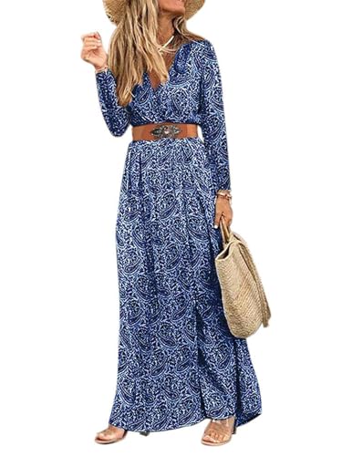 MessBebe Damen Boho Blumendruck Maxi Kleid V-Ausschnitt Kurzarm High Taille Sommerkleid mit Gürtel von MessBebe