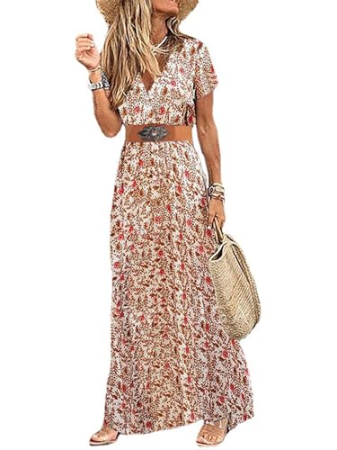 MessBebe Damen Boho Blumendruck Maxi Kleid V-Ausschnitt Kurzarm High Taille Sommerkleid mit Gürtel Rot L von MessBebe