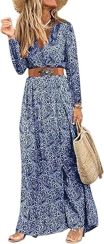 MessBebe Damen Boho Blumendruck Maxi Kleid V-Ausschnitt Langarm High Taille Sommerkleid Herbst mit Gürtel Blau XL von MessBebe