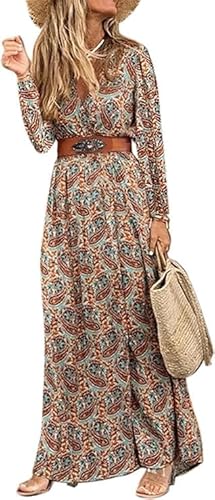 MessBebe Damen Boho Blumendruck Maxi Kleid V-Ausschnitt Langarm High Taille Sommerkleid Herbst mit Gürtel Braun S von MessBebe